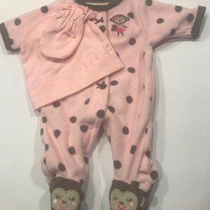 Carter's Pink with brown polka dot jumper w/ hat and mittens size NB